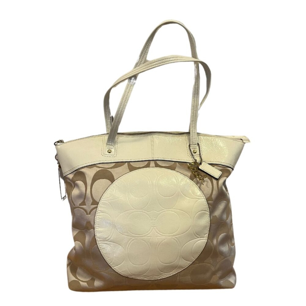 COACH Signature Laura Cream & Beige Large Shopper Tote